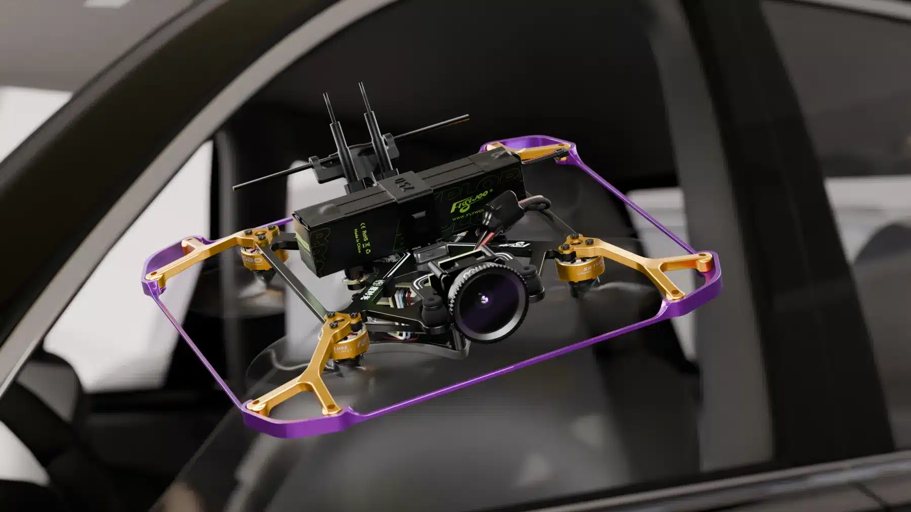 drone fpv flywoo flytimes 85 au travers d'une voiture